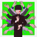  1boy ;) arms_up black_hair black_jacket blazer blush_stickers bowl_cut ekubo_(mob_psycho_100) extra_arms gakuran green_background hanazawa_teruki highres jacket kageyama_ritsu kageyama_shigeo light_smile long_sleeves male_focus mob_psycho_100 mudra multiple_hands one_eye_closed outside_border reigen_arataka school_uniform short_hair smile solo_focus split_theme sweater umkaqryi urna 