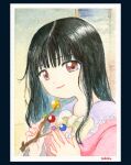  1girl black_hair bow bowtie branch fingernails hands_up holding holding_branch houraisan_kaguya jeweled_branch_of_hourai long_hair medinki painting_(medium) pink_eyes smile solo touhou traditional_media upper_body watercolor_(medium) yellow_bow yellow_bowtie 