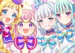  4girls aqua_bow aqua_bowtie aqua_hair aqua_hairband blonde_hair blue_bow blue_bowtie blue_choker blue_eyes blunt_bangs bow bowtie brooch choker closed_mouth commentary crown crown_earrings cure_friendy cure_lillian cure_nyammy cure_wonderful dress earrings grey_hair grin hair_bow hairband half-closed_eyes heart heart_brooch inukai_iroha inukai_komugi jewelry long_hair looking_at_viewer magical_girl mini_crown multicolored_eyes multicolored_hair multiple_girls nekoyashiki_mayu nekoyashiki_yuki open_mouth pink_bow pink_hair precure puffy_short_sleeves puffy_sleeves purple_bow purple_bowtie purple_hat red_bow red_bowtie red_dress short_sleeves side-by-side smile sparkle straight_hair twitter_username two-tone_hair two_side_up violet_eyes white_dress wonderful_precure! yellow_hairband yukinko_(yukiwork) 