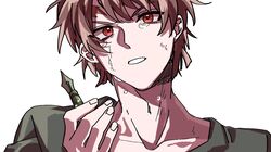  1boy brown_hair collarbone commentary_request crying crying_with_eyes_open green_shirt harada_minoru holding holding_pen looking_at_viewer male_focus pen portrait red_eyes saibou_shinkyoku scar scar_on_face scar_on_forehead shirt short_hair simple_background solo suika_(494799937) tears v-shaped_eyebrows white_background 