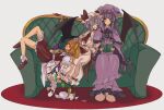  bat_wings blonde_hair blue_hair blush book crystal_wings dress flandre_scarlet frilled_dress frilled_sleeves frills hand_on_another&#039;s_head hat highres hua88331 lying lying_on_lap lying_on_person mob_cap patchouli_knowledge pointy_ears purple_dress purple_hair reading red_ribbon remilia_scarlet ribbon sleeping touhou violet_eyes white_dress wings 