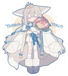  ^_^ animal_ear_fluff animal_ears ascot asymmetrical_legwear blue_bow blue_ribbon blue_sash boots bouquet bow bowtie brown_footwear closed_eyes coat coat_on_shoulders commission crown flower fox_ears fox_girl fox_tail frilled_vest frills full_body fur-trimmed_boots fur-trimmed_coat fur_trim gloves grey_hair hair_between_eyes hair_bow hair_ornament hair_ribbon hair_scrunchie hands_up high_collar highres holding holding_bouquet large_ears large_tail long_hair looking_at_viewer low_twintails nonaprev original red_eyes ribbon rose sakurada_shiro_(hy_plus) sakurada_shiro_(royal)_(hy_plus) sash scrunchie shoulder_sash simple_background single_bare_leg single_sock skeb_commission smile socks standing straight-on tail thank_you thigh-highs twintails uneven_legwear very_long_hair vest white_background white_coat white_flower white_gloves white_hair white_rose white_socks white_thighhighs white_unitard zettai_ryouiki 
