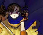  1girl alena_(dq4) belt black_belt blue_cape brown_hair cape curly_hair dragon_quest dragon_quest_iv dress earrings floating_cape holding holding_weapon jewelry long_hair looking_at_viewer okita_(sukult_4) parted_lips red_eyes shaded_face solo straight-on weapon yellow_dress 