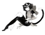  1girl animal_ear_fluff animal_ears barefoot between_legs black_fur body_fur cat_ears cat_girl cat_tail claws closed_mouth dhuwjdjfo dungeon_meshi full_body grey_eyes greyscale hand_between_legs hand_up hashtag-only_commentary highres izutsumi knees_up looking_at_viewer monochrome monster_girl one-hour_drawing_challenge pelvic_curtain short_hair simple_background sitting sleeveless tail vambraces vest white_background white_fur 