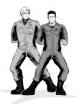  2boys ao_isami arms_behind_back eye_contact facial_hair greyscale highres jumpsuit lewis_smith looking_at_another male_focus monochrome multiple_boys parody_request saru_e_chan sideburns_stubble sideways_glance standing stubble thick_eyebrows yuuki_bakuhatsu_bang_bravern 
