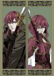  1boy 1girl armor black_gloves breastplate brother_and_sister closed_mouth elbow_gloves fire_emblem fire_emblem:_shadow_dragon_and_the_blade_of_light gloves hair_between_eyes headband highres holding holding_polearm holding_weapon michalis_(fire_emblem) minerva_(fire_emblem) polearm red_eyes red_gloves redhead shoulder_armor siblings upper_body weapon yori_ilrosso 