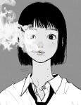  1girl artist_name cigarette dated grey_background greyscale highres looking_at_viewer mole mole_on_neck mole_under_eye mole_under_mouth monochrome original short_hair signature simple_background smoke smoking solo upper_body yoshino_ganko 