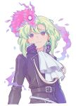  1boy androgynous ascot belt black_belt black_jacket earrings fire green_hair highres jacket jewelry kome_1022 leather leather_jacket light_smile lio_fotia looking_at_animal male_focus multiple_belts promare pyrokinesis short_hair simple_background solo studded_belt violet_eyes white_ascot white_background 