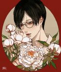  1boy black_eyes black_hair closed_mouth flower glasses highres holding holding_flower kagoya1219 looking_at_viewer male_focus original outside_border portrait short_hair signature solo white_flower 