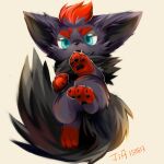  animal_focus artist_name black_fur blue_eyes claws evil_jia grey_fur looking_at_viewer lying multicolored_fur no_humans on_back open_mouth pawpads pokemon pokemon_(creature) red_fur redhead simple_background solo white_background zorua 
