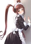  1girl absurdres against_wall alternate_costume apron b1ack_illust black_dress blush breasts brown_hair commentary_request dress enmaided highres idolmaster idolmaster_million_live! long_hair looking_at_viewer looking_back maid maid_apron maid_headdress matsuda_arisa medium_breasts solo twintails very_long_hair white_apron wrist_cuffs 
