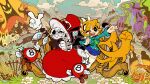  cartoonized cosplay cuphead cuphead_(cosplay) filia_(skullgirls) george_(skullgirls) hat highres long_hair necktie peacock_(skullgirls) toon_(style) treasure_chest yamada9000 