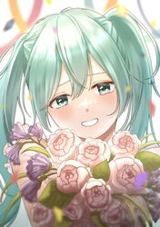  1girl :d anniversary aqua_eyes aqua_hair blurry blurry_background blush bouquet commentary crying crying_with_eyes_open flower grin hair_between_eyes hatsune_miku highres holding holding_bouquet long_hair looking_at_viewer naoda_n_go pink_flower pink_rose portrait project_sekai purple_flower ribbon rose smile solo tears twintails vocaloid 