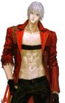  1boy abs belt belt_bra bishounen black_gloves black_pants blue_eyes closed_mouth coat collarbone cowboy_shot dante_(devil_may_cry) devil_may_cry_(series) devil_may_cry_3 fingerless_gloves gloves hand_in_pocket hand_on_own_hip highres jacket jewelry long_hair long_sleeves looking_at_viewer male_focus muscular muscular_male navel necklace nipples open_clothes open_jacket open_shirt pants pectorals red_coat red_jacket simple_background smile solo standing toned topless_male white_background white_hair xiong_hai 