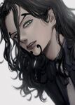 1boy black_hair black_shirt blue_eyes blurry_border close-up facial_hair goatee hair_behind_ear hair_between_eyes highres long_hair looking_at_viewer male_focus necktie one_piece parted_lips rob_lucci shirt solo v-shaped_eyebrows white_background white_necktie yl_notsad 