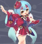  1girl :d blue_hair blunt_bangs blush coin_print commentary_request feet_out_of_frame flat_chest folding_fan frilled_kimono frills grey_background hand_fan headband holding holding_fan japanese_clothes kimono kingyo_hime_(onmyoji) lets0020 looking_at_viewer mask mask_on_head medium_bangs oni_mask onmyoji open_mouth print_kimono red_headband red_kimono shide smile solo thick_eyebrows wide_sleeves yellow_eyes 