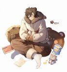  1boy alchemy_stars animal-shaped_pillow animal_ears animal_hood antony_(alchemy_stars) bag_of_chips bear_boy bear_ears bear_hood brown_hair brown_jacket brown_pants chinese_commentary chips_(food) commentary_request dadijiji drinking_straw food glasses hands_in_opposite_sleeves highres hood hoodie indian_style jacket male_focus notebook pants paper paw_print pillow potato_chips scar scar_on_cheek scar_on_face sitting socks stuffed_animal stuffed_toy tumbler white_background white_socks yellow_eyes 