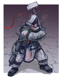  1girl absurdres arknights black_footwear black_gloves border breath commentary cross english_commentary full_body gloves greek_cross hammer highres holding holding_hammer holding_weapon hood hood_up jumpsuit long_sleeves metiru_ag mudrock_(arknights) mudrock_(elite_ii)_(arknights) orange_ribbon outside_border ribbon shoes sledgehammer solo standing weapon white_border 