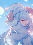  1girl absurdres ahoge blue_coat blue_hair blue_scarf blue_sky blush closed_eyes coat griseo griseo_(starry_impression) hat highres holding holding_clothes holding_hat honkai_(series) honkai_impact_3rd long_hair open_mouth scarf silence_(pixiv18541142) sky snowball snowball_fight solo white_hat winter winter_clothes winter_gloves 