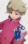  1boy anger_vein bede_(pokemon) blonde_hair blue_shirt coat commentary_request curly_hair dynamax_band gloves great_ball hand_up holding holding_poke_ball male_focus open_mouth p_0_a poke_ball pokemon pokemon_swsh purple_coat shirt short_hair solo violet_eyes white_background 
