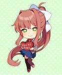 1girl ahoge black_thighhighs blazer blue_skirt bow bright_pupils brown_hair buttons chibi closed_mouth collared_shirt commentary doki_doki_literature_club english_commentary eyelashes full_body green_background green_eyes grey_jacket hair_bow hair_intakes heart heart_background holding holding_heart jacket layered_sleeves light_blush long_hair long_sleeves looking_at_viewer mary_janes miniskirt monika_(doki_doki_literature_club) neck_ribbon open_clothes open_jacket outline pink_footwear pleated_skirt ponytail red_ribbon ribbon satchely school_uniform shirt shoes simple_background skirt smile solo thigh-highs valentine very_long_hair white_bow white_outline white_pupils white_shirt 