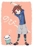  1boy arms_up black_leggings blue_jacket bright_pupils brown_eyes brown_hair grey_shorts hand_on_own_arm highres jacket leggings leggings_under_shorts musical_note nate_(pokemon) omochi_(omotimotittona3) oshawott pokemon pokemon_(creature) pokemon_bw2 shoelaces shoes short_hair short_sleeves shorts spoken_musical_note standing stretching visor_cap white_pupils 