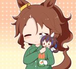  2girls :t animal_ears blue_hair bow brown_background brown_hair chibi closed_eyes closed_mouth collared_shirt daitaku_helios_(umamusume) dress_shirt feeding food gomashio_(goma_feet) gradient_background green_bow green_shirt hair_between_eyes hair_ornament hairclip highres holding holding_food horse_ears horse_girl horse_tail long_hair mejiro_palmer_(umamusume) mini_person minigirl multicolored_hair multiple_girls on_shoulder parted_bangs polka_dot polka_dot_background ponytail shirt side_ponytail smile star_(symbol) star_hair_ornament streaked_hair tail umamusume wavy_mouth white_hair white_shirt yellow_background |_| 