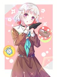  1girl :d absurdres alarm_clock aqua_neckerchief bento black_choker black_gloves border brown_dress choker circle clock colored_inner_hair commentary_request cowboy_shot dress flower_(symbol) food food_art gloves grey_hair hair_ornament half_gloves half_up_braid hasu_no_sora_school_uniform highres link!_like!_love_live! long_sleeves looking_at_viewer love_live! medium_dress motion_lines multicolored_hair neckerchief o-ring o-ring_choker omelet open_mouth outside_border palms_together pleated_dress red_background red_eyes redhead rice sailor_collar sailor_dress sakari_(pear_8_ll) school_uniform short_hair smile solo sparkle split_mouth star_(symbol) star_hair_ornament streaked_hair tako-san_wiener tamagoyaki virtual_youtuber white_border white_sailor_collar winter_uniform yugiri_tsuzuri 