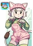  1girl :&lt; absurdres beanie cat_tail cattail cattail_(plants_vs_zombies) clenched_hands colored_skin commentary cowboy_shot creature_and_personification english_commentary green_hat green_sweater green_thighhighs hands_up hat highres long_sleeves looking_at_viewer overalls paw_pose peargor personification pink_overalls plant plants_vs_zombies reference_inset ribbed_sweater short_hair sweater tail thigh-highs v-shaped_eyebrows white_hair white_skin 