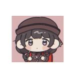 1girl backpack bag black_eyes black_hair blazer blush_stickers border bow bowler_hat bowtie brown_background brown_hat brown_jacket chibi closed_mouth expressionless hair_over_shoulder hat highres holding_strap jacket long_hair looking_at_viewer low_twintails nijisanji no_sclera owo_soft randoseru red_bag red_bow red_bowtie school_uniform shoulder_strap simple_background solo striped_bow striped_bowtie striped_clothes tsukino_mito tsukino_mito_(11th_costume) twintails virtual_youtuber white_border 