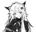  1girl animal_ears arknights closed_mouth dial greyscale hair_ornament hairclip hand_up highres holding holding_pocket_watch lappland_(arknights) long_hair looking_at_viewer messy_hair monochrome pocket_watch scar scar_across_eye scar_on_face simple_background sketch smile solo split_mouth upper_body watch white_background wolf_ears wolf_girl yuyumu 