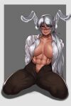  abs absurdres animal_ears boku_no_hero_academia breasts glasses highres large_breasts milka01477 mirko muscular muscular_female office_lady pants rabbit_ears red_eyes shirt tongue tongue_out unzipped 