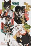  1girl 3boys aak_(arknights) arknights between_fingers black_hair black_hat cat_boy chinese_clothes dog_boy dragon_boy furry furry_female furry_male hair_over_one_eye highres holding horns hung_(arknights) kung_fu lee_(arknights) looking_back multiple_boys ofuda ofuda_between_fingers open_mouth pants pointy_ears red_horns round_eyewear sirakaro sitting slit_pupils speech_bubble tiger_girl tinted_eyewear translation_request waai_fu_(arknights) white_hair white_pants 