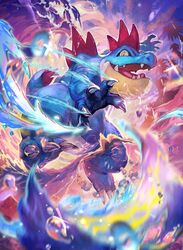  blurry claws commentary_request feraligatr highres nijimaarc no_humans open_mouth outdoors pokemon pokemon_(creature) solo teeth tongue water water_drop yellow_eyes 