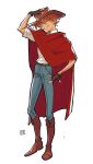  1boy adjusting_clothes adjusting_headwear blue_pants boots brown_footwear brown_hat cape cowboy cowboy_boots cowboy_hat denim fingerless_gloves full_body gloves hat highres humanization jeans looking_at_viewer male_focus pants red_cape robin_hood_(disney) robin_hood_(disney)_(character) shirt simple_background solo uochandayo white_background white_shirt 