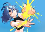  1girl antenna_hair black_tank_top blue_background blue_eyes blue_hair commentary crop_top lemon_squash midriff open_mouth original rongai_rongai short_hair signature simple_background solo squash symbol-only_commentary tank_top turtleneck 