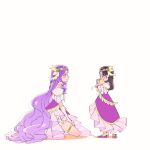  2girls aoi_tete artist_logo black_eyes black_hair braid closed_mouth commentary cosplay cure_earth cure_earth_(cosplay) dog dress flats fuurin_asumi gloves hair_ornament hand_on_own_thigh healin&#039;_good_precure heart heart_hair_ornament highres kneeling latte_(precure) long_dress long_hair looking_at_another magical_girl motion_lines multiple_girls off-shoulder_dress off_shoulder precure purple_dress purple_footwear purple_hair simple_background smile standing thighlet tiara very_long_hair violet_eyes white_background white_gloves 