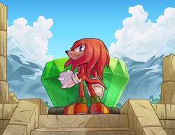  1boy aideneye99 blue_sky broken_pillar clouds day furry furry_male gloves highres knuckles_the_echidna master_emerald mountainous_horizon outdoors red_footwear red_fur ruins shoes sky solo stairs standing stone_pillar tail two-tone_footwear violet_eyes white_gloves yellow_footwear 