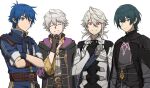  4boys armor black_hair blue_eyes blue_hair byleth_(fire_emblem) byleth_(male)_(fire_emblem) cape chest_guard closed_eyes coat commentary_request corrin_(fire_emblem) corrin_(male)_(fire_emblem) crossed_arms expressionless fire_emblem fire_emblem:_mystery_of_the_emblem fire_emblem:_three_houses fire_emblem_awakening fire_emblem_fates gloves hand_on_own_chest hand_up highres kris_(fire_emblem) kris_(male)_(fire_emblem) long_sleeves looking_at_viewer male_focus multiple_boys parted_lips pointy_ears red_eyes robin_(fire_emblem) robin_(male)_(fire_emblem) short_hair short_sleeves simple_background smile upper_body white_background white_hair zuzu_(ywpd8853) 