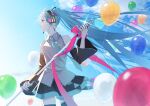  1girl balloon blue_eyes blue_hair bow collared_shirt day detached_sleeves glint hair_ornament hatsune_miku headphones headset highres holding holding_microphone holding_microphone_stand long_hair long_sleeves microphone microphone_stand nail_polish necktie profile ribbon shirt skirt sky sleeveless sleeveless_shirt smile solo thigh-highs twintails very_long_hair vocaloid wind yuncho 