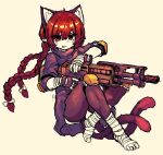  1girl alternate_costume bandages braid cat_tail extra_ears fingerless_gloves gloves gun hashtag-only_commentary highres holding holding_gun holding_weapon kaenbyou_rin knee_pads looking_at_viewer multiple_tails nekomata rampa93 red_eyes redhead short_sleeves side_braids simple_background solo tail touhou twin_braids two_tails weapon yellow_background 