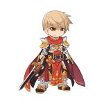  1boy armor armored_boots black_gloves black_pants black_shirt blonde_hair boots breastplate cape chibi closed_mouth cross full_body gauntlets glint gloves hair_between_eyes hand_on_own_hip holding holding_sword holding_weapon looking_at_viewer male_focus medium_bangs official_alternate_costume official_art orange_eyes pants pauldrons ragnarok_online red_cape rune_knight_(ragnarok_online) shirt short_hair shoulder_armor simple_background smile solo standing sword tabard tachi-e transparent_background weapon yuichirou 