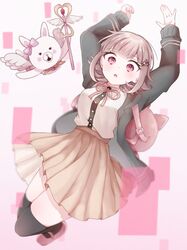  1girl arms_up breasts brown_hair collared_shirt danganronpa_(series) danganronpa_2:_goodbye_despair flipped_hair galaga hair_ornament jacket large_breasts long_sleeves looking_at_viewer makasasakama medium_hair nanami_chiaki neck_ribbon open_clothes open_jacket open_mouth pink_eyes pink_ribbon pleated_skirt ribbon shirt skirt thigh-highs usami_(danganronpa) white_shirt 