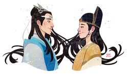  2boys bindi black_hair black_hat blue_hanfu brown_eyes cheekbones chinese_clothes commission cropped_shoulders dimple floral_print hair_bun hair_ornament hat headband jin_guangyao lan_xichen layered_clothes long_hair long_sleeves male_focus modao_zushi multiple_boys paper_cutout_(medium) papercraft_(medium) print_robe ribbon signature simple_background single_hair_bun smile unconventional_media wave_print white_background white_headband white_ribbon yellow_hanfu yutaan 