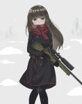  1girl absurdres aged_down black_coat black_gloves black_hair black_pantyhose breath brown_eyes closed_mouth coat frown girls_und_panzer gloves gun half-closed_eyes highres holding holding_gun holding_weapon long_hair long_sleeves looking_at_viewer moozak nishizumi_shiho outdoors pantyhose red_scarf rifle scarf scope sniper_rifle solo standing straight_hair weapon winter 