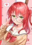  1girl adjusting_eyewear blush bocchi_the_rock! bow bowtie brown_shirt character_name closed_mouth collarbone copyright_name glasses green_eyes hand_up heart highres kikugawa_roku kita_ikuyo light_smile long_hair one_side_up red_bow red_bowtie redhead sailor_collar school_uniform shirt shuka_high_school_uniform solo spoken_heart upper_body white_sailor_collar 