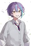  1boy blue_hair cardigan collared_shirt confetti earrings grin highres jewelry kamishiro_rui long_sleeves male_focus multicolored_hair necktie project_sekai purple_hair shirt short_hair sike_(dvh_04) smile solo streaked_hair striped_necktie yellow_eyes 