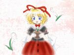  1girl :d back_bow black_shirt blonde_hair blue_eyes bow flower hair_ribbon holding lily_of_the_valley medicine_melancholy medinki official_style plant potted_plant puffy_short_sleeves puffy_sleeves red_bow red_ribbon red_skirt ribbon shirt short_hair short_sleeves skirt smile solo teeth touhou upper_teeth_only white_bow zun_(style) 