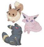  animal_focus eevee espeon fluffy forked_tail full_body highres looking_ahead looking_at_viewer looking_up lying newo_(shinra-p) no_humans pokemon pokemon_(creature) red_eyes simple_background sitting tail umbreon violet_eyes white_background 