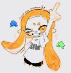  1girl arm_up awo_iik bike_shorts black_shorts grin highres index_finger_raised inkling inkling_girl inkling_player_character long_hair one_eye_closed orange_eyes orange_hair pointy_ears shirt short_eyebrows short_sleeves shorts single_vertical_stripe smile solo splatoon_(series) splatoon_1 t-shirt tentacle_hair thank_you very_long_hair white_shirt 